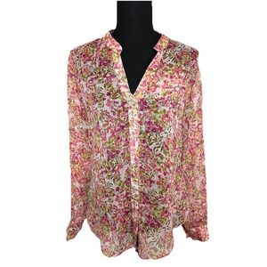 Kut From The Kloth Women's XS Sheer Pink Red Floral Button Up Long Sleeve Blouse